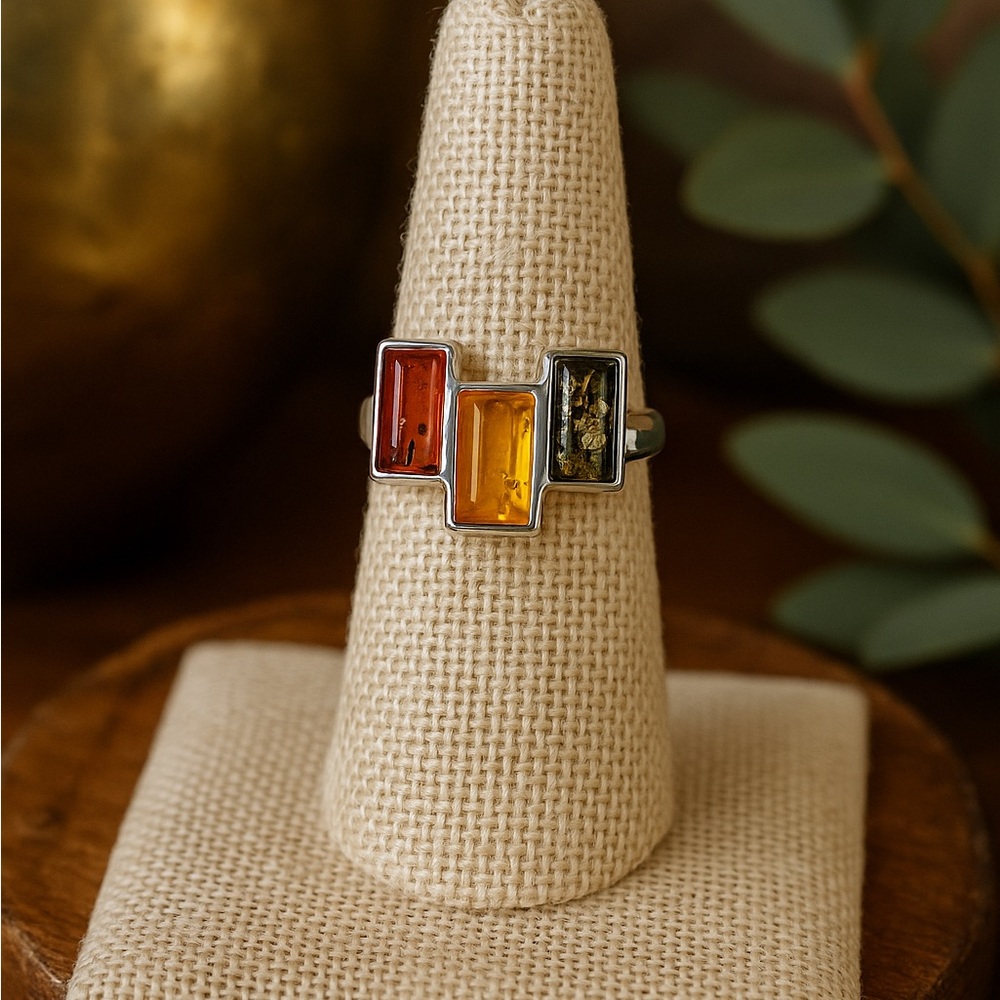 3 stone 3 color amber step ring, sterling silver, size 8
